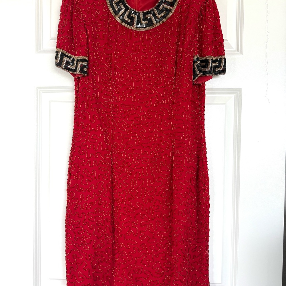 Red Sheath Midi Dress with Peter Pan Collar